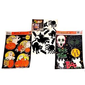 Vtg 90s Halloween Window‎ Clings Lot 3 Oversized 12x17 Flocked Witch Neon Skull